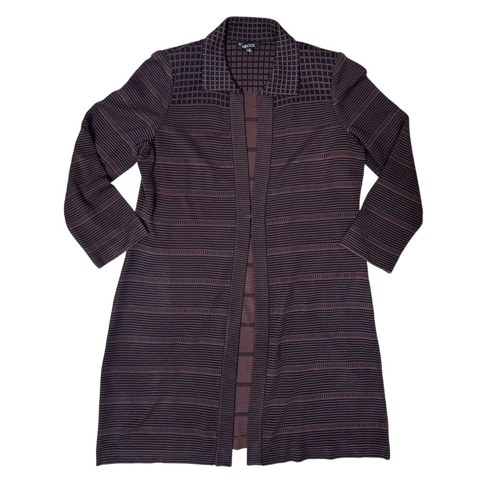 Misook Sweater Duster Maroon Black Graphic Stripe Print Collared